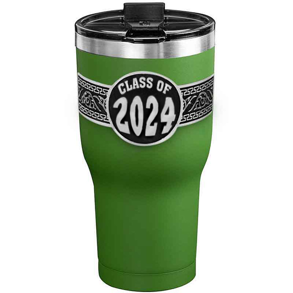 A customized tumbler made of stainless steel with a personalized engraved Class of 2024 lettering, 30 oz, ideal for coffee or cool drinks